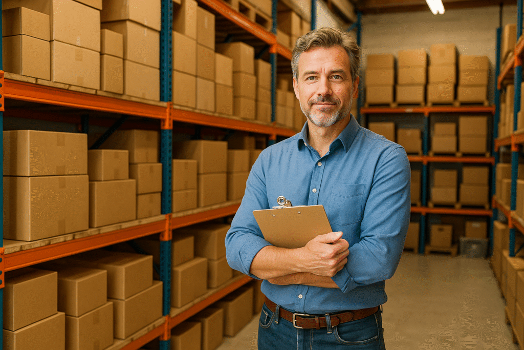 Business owner reviewing warehouse inventory with a clipboard, considering stock levels ahead of a business sale.
