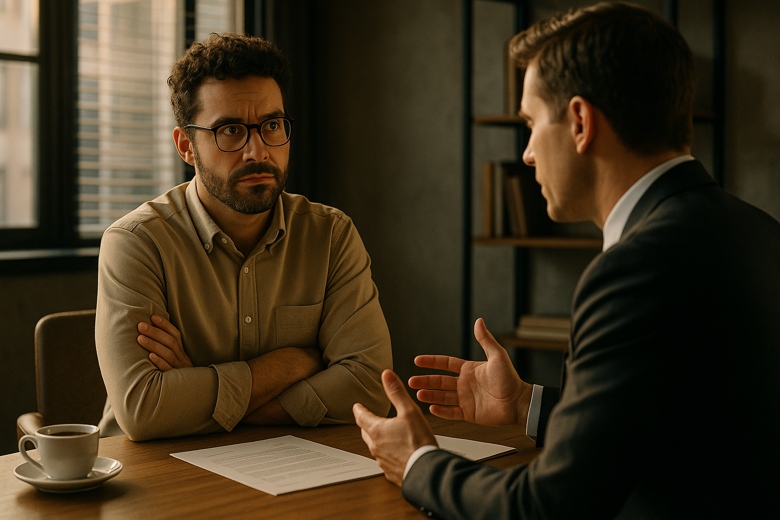 A small business owner sits across from a broker at a modern office table, ready to ask tough questions. The atmosphere is professional but intense, with natural light highlighting the serious tone of their conversation.