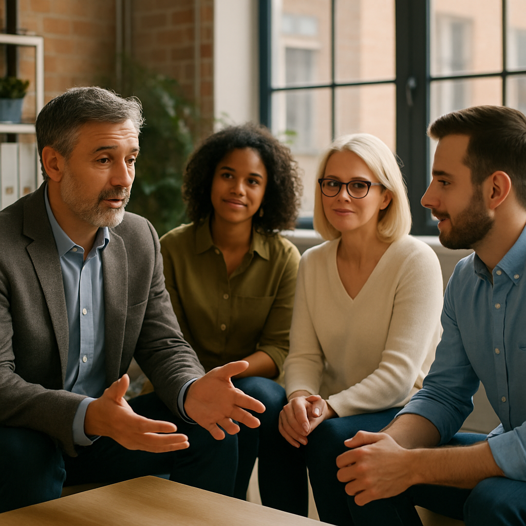 A small business team gathered for a meeting, listening attentively to their manager—highlighting the importance of timing and trust when sharing big news.