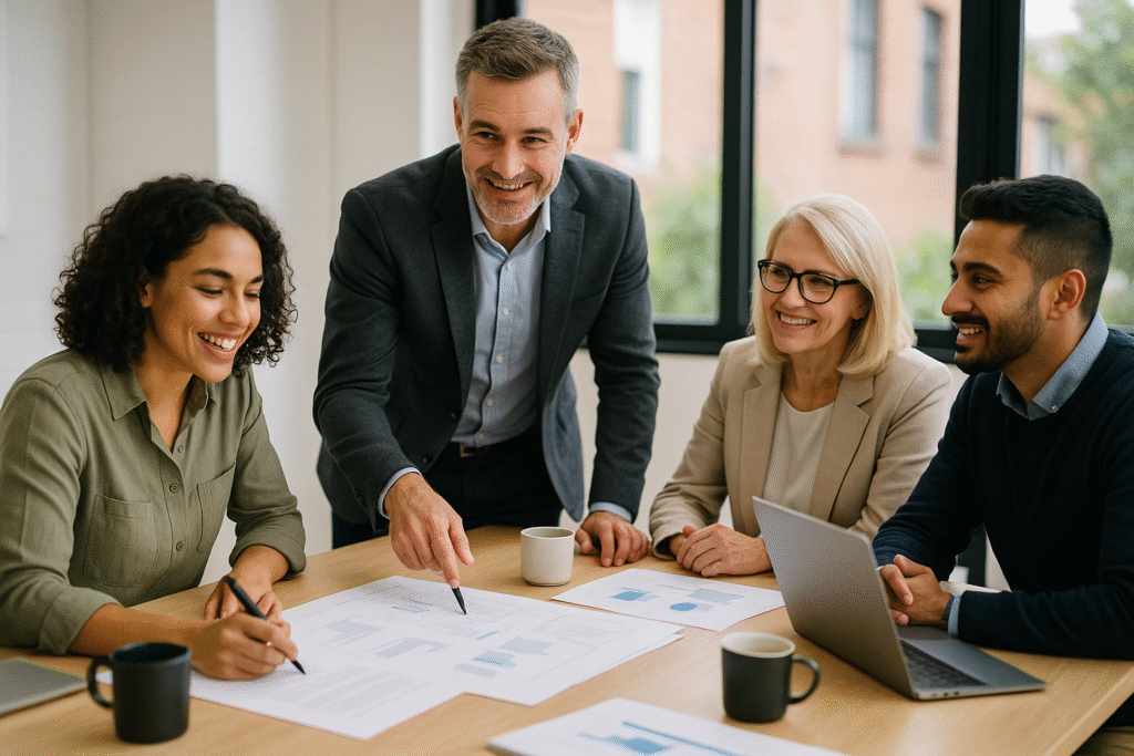 Illustration of a professional team meeting around a table, including a broker, accountant, lawyer, and business owner, collaborating on a business sale.