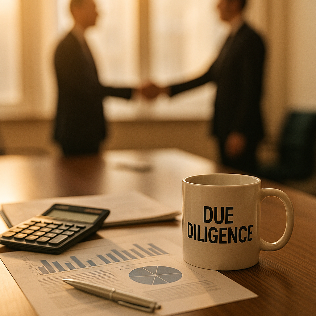 A tidy desk setup with financial reports, a calculator, and a coffee mug labeled “Due Diligence.” Two people shake hands in the softly blurred background, suggesting a negotiation is taking place. Professional, warm light with a sense of quiet urgency.