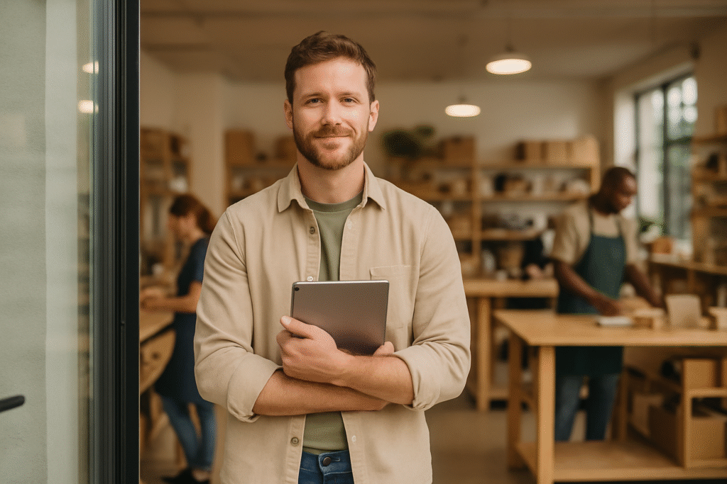Small business owner standing confidently in front of a clean, organised team workspace, demonstrating traits that increase business valuation—like systems, structure, and scalability.