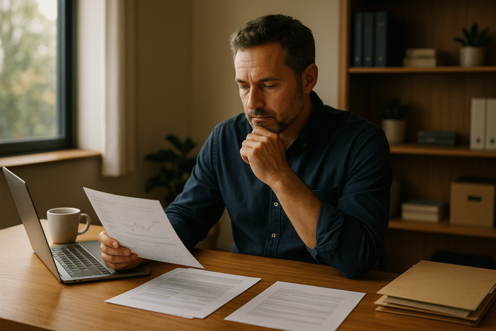 Business owner reviewing financial documents at a desk, surrounded by reports, laptop open, thoughtful expression—symbolising business valuation analysis.